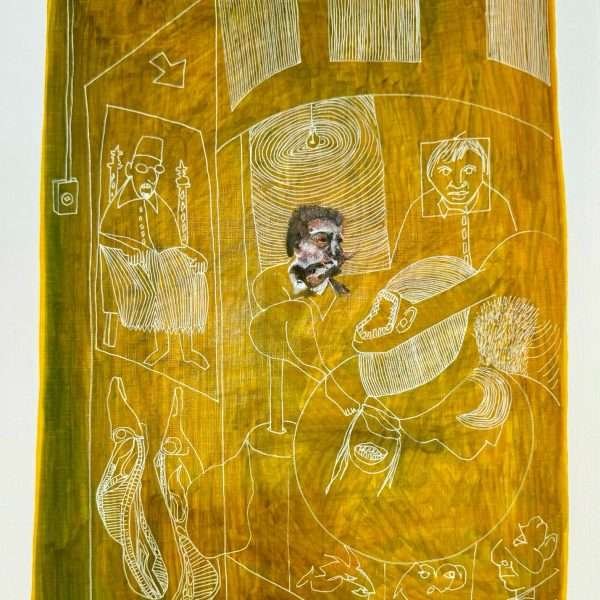 A yellow painting with white line drawings on top and a central head painted in colour. The scenes are after Bacon's paintings.