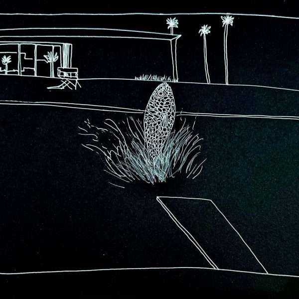 A white lined drawing on black paper with a splash in the middle of the pool that dominates three quarters of the bottom part of the drawing with a fish appearing to come out of it and in the left part of the background is an image of a contemporary villa and three tall trees on the top right. It appears to be very similar to David Hockney's 'A Bigger Splash' which was painted in 1967.