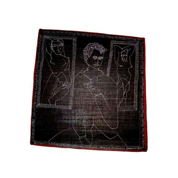 A dark red square central on the paper with white drawings ontop depicting a boy with pipe with two artworks Demoiselles paintings by Picasso on either side.