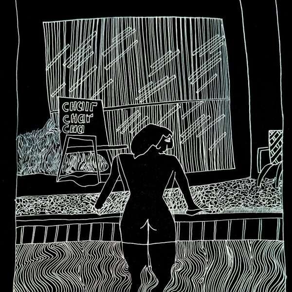 This is a white lined drawing on black paper and it seems to be a retake on David Hockney's 1966 painting 'Peter Getting Out of Nick's Pool' and the words 'chair, char, ch' written on the chair which appears behind the figure coming out of the pool and his butt facing us in the middle of the artwork.