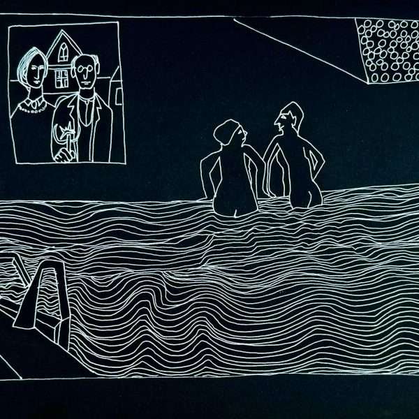 A white lined drawing on black paper with what could be a scene fro a Hockney painting of a couple getting out of a pool naked whilst an image of Grant Wood's painting 'American Gothic' is drawn on the top left of the artwork