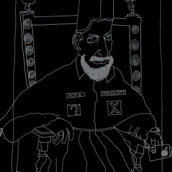A white lined drawing on black paper of Pope Innocent as was painted by Velasquez, seated on a throne.