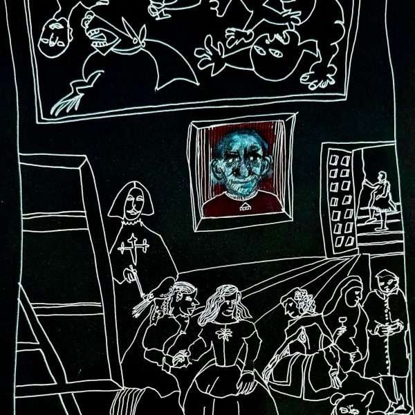 THis is a white lined drawing on black paper with a copy of the scene of VElasquez's painting 'Las Meninas' in the bottom and what appears to be a painting drawn, among others, of the 'Guernica' by Picasso. The painting drawn in the centre of this painting is the only one with colour- blue and purple.
