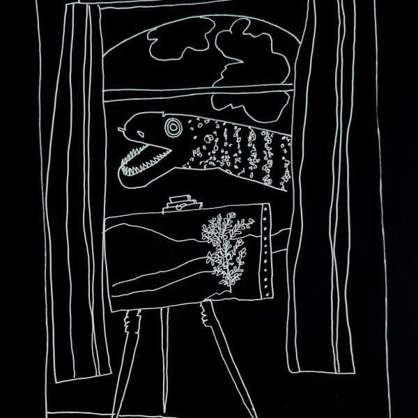 This is a white lined drawing on black paper with what appears to be a visual of a view out of a window with curtains, where an easel stands and purtruding from the right is what appears to be a big eel and clouds in the background.
