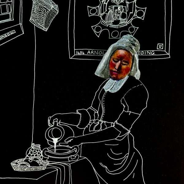 This a white lined drawing on black paper with what appears to be THe Milkmaid as seen in Vermeer's painting and in the background, what appears to be a painting hanging with Van Eyck's 'The Arnolfini Wedding' . THe face of the milkmaid is the only part with colour- skin colour.