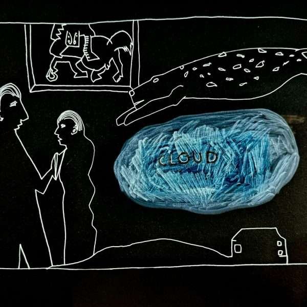 White lined drawing on black paper depicting a couple facing each other on the left of artwork, a tiger jumping a cloud with the word 'cloud' written on the visual of the white cloud on the right and on top left is what appears to be a painting of a bull as is often depicted by Picasso.