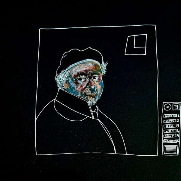 THis is a white lined drawing of what appears to be a retake on Rembrandt's self portrait as if on a screen and what appears to be a remote control to the right with words' Goethe, Rem..Bra...Ndt.. Self ' drawn on it. THe face of Rembrandt here is coloured in different colours.