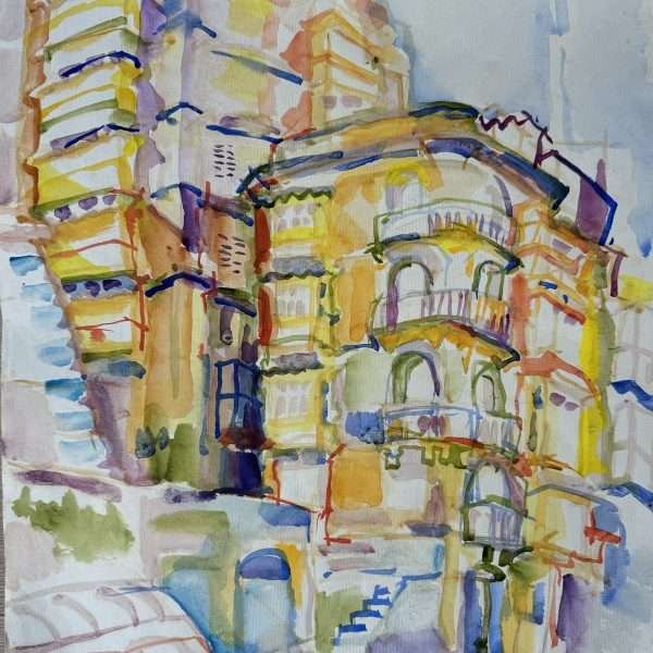 Village by The Sea by Olaug Vethal is a colourful painting in watercolours on paper. It depicts old buildings of apartments in yellow with coloured lines to define balconies and windows.