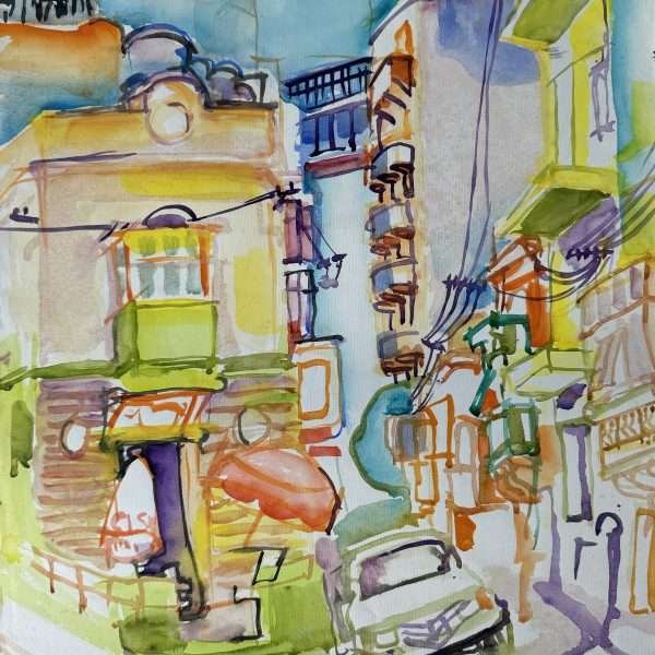 This painting depicts a bar in between two Sliema streets with a white car parked to the right. Apartment buildings are seen to the right whist the bar on the left has another floor on top of it, with a yellow Maltese balcony.