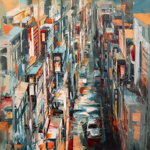 Neverending Squares 8 is a square painting by Micko depicting a street in Valletta with buildings on either side of the road (and left of right of painting) with the street in the middle, beginning at the bottom of the painting and ending midway. The colors are blue, orange and red.