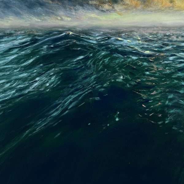 This is a vertical painting made with soft pastels on paper. It depicts rough a sea at night and it's as if the artist is actually in the water. Three quarters of the painting down is the sea and the top quarter is the dark sky.