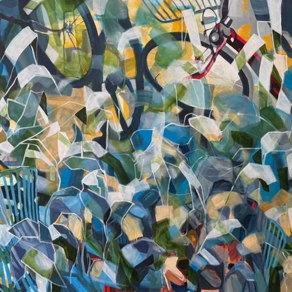 This is a painting titled'Through the Foliage 2025' by Stephen Micallef. It measures 150cm by 100cm unframed and 154cm by 104cm framed, horizontal. It depicts two bicycles in the upper part of the canvas, which are red and they are partially hiden by a folliage of tree leaves in green and blues. At the lower part, two blue chairs could also be seen as if hidden through the foliage.