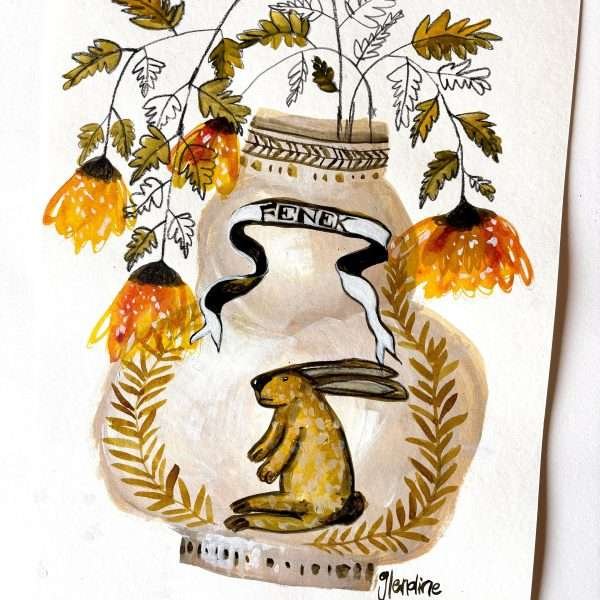 This is a vertical painting on paper by Glendine with a vase depicting a hare in the middle and leaves and a scroll with text around it. Yellow flowers from within drop down from the sides.