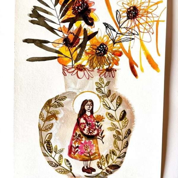 This is an artwork called 'A Simple Gift' and painted by Glendine depicting a vase with a portrait of woman with flowers in her hand on it and yellow flowers coming out of the vase.