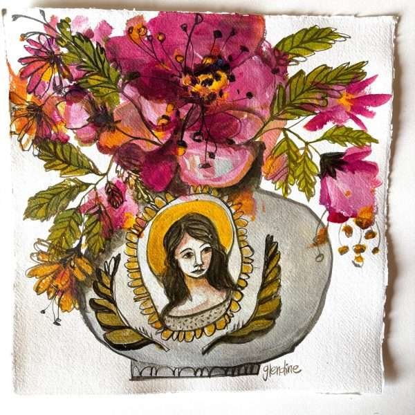 This is an artwork called 'Karoo Madonna' and painted by Glendine depicting a vase with a portrait of Madonna on it and pink and orange flowers coming out of the vase.