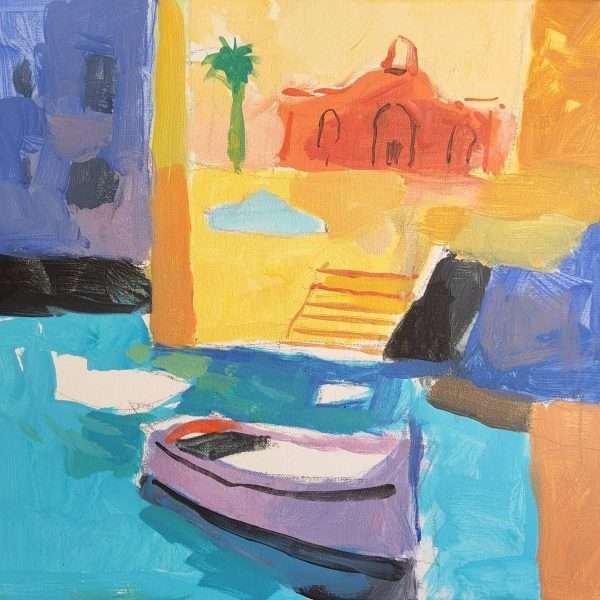 Gillieru Harbour by Anthony Weitz is a square 40cm by 40cm painting depicting the Gillieru harbour in St Paul's Bay, Malta. It is quite abstracted with light blue sea occupying most of the bottom half of the painting and a small blue boat moored whilst a bright yellow background with the red chapel in that area.