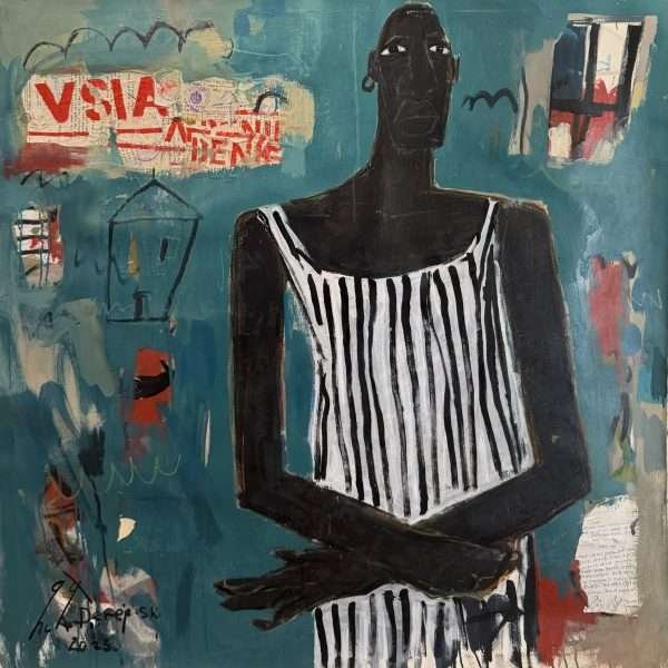 A contemporary artwork by the artist Dereje Shiferaw, titled "Border and Bodies 2025" using mixed media on canvas. In this work a figurative depiction of an African man with a black earring, in striped tank tops and pants, is placed off-centre from the centre of the canvas, surrounded by a blue background. In the upper left, a visa-denied snap, misregistered in red, is placed on a white cloud underneath a house, and swatches of colour can be seen to the right, along with writing and a window which appears to also have a bird flying away.