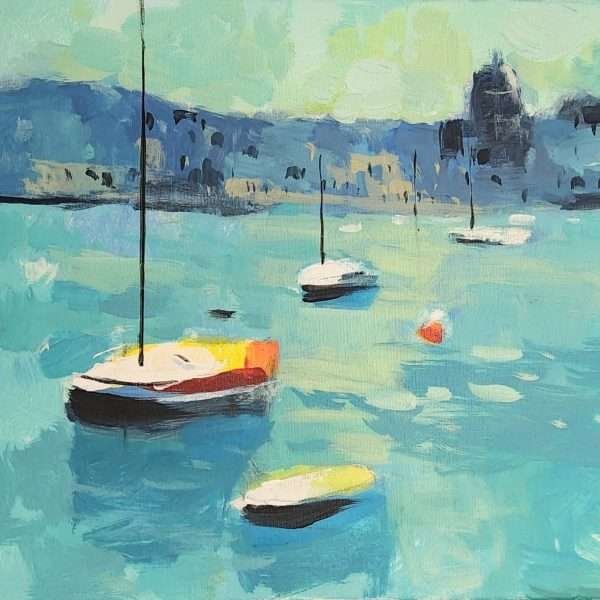 Marsaxlokk by Anthony Weitz showing a light blue seascape with Marsaxlokk bay in background and sailboats moored in foreground