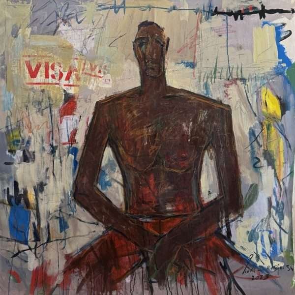 A contemporary artwork by the artist Dereje Shiferaw, titled "Stamped Out 2025", using mixed media on canvas. In this work, sitting in front of us with arms crossed, is a shirtless African man who appears to have tears going down his cheeks. This is a heavily stylised work. The man sits down with his legs spread out and his arms covering his crotch. The man wears red pants as the background is a chaotic symphony of white and lines of blue and bluish grey, similar to barbed wire on the left in red text and underlined boxes. The word 'visa' can be made out; in the bottom left and right, unrecognisable splotches of colour are also visible.