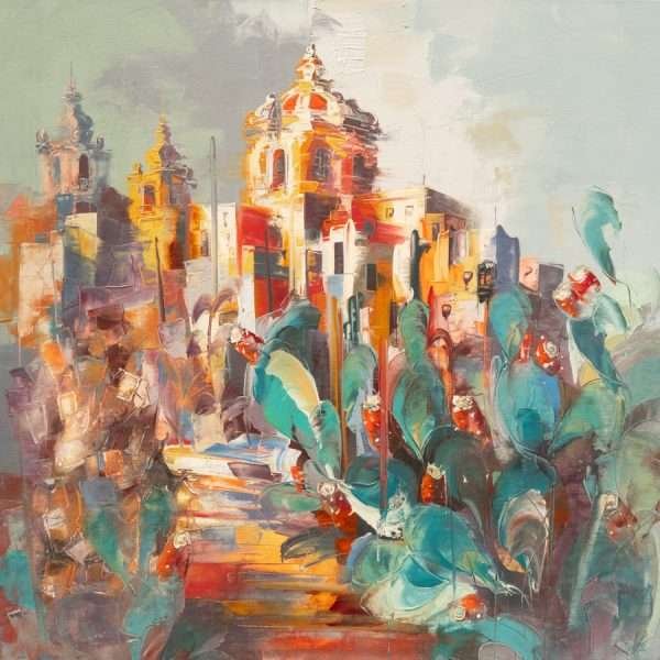 An artwork titled "Under Mdina Bastions" by the artist Micko. In this work a large clump of prickly pear cactus is visible in the centre, leaning towards the left. A small staircase following up into the Mdina is visible often in the distance in yellow and hints of red foreshadow the stand of the Mdina Bastions; this painting is primarily greens, yellows and a hint of red. The sky is represented in the nice greyish blue with a tinge of green, implying clouds.
