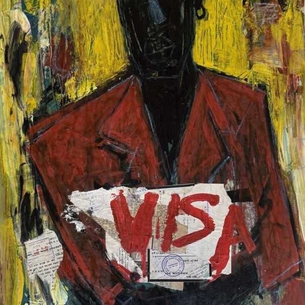 A contemporary artwork by the artist Dereje Shiferaw, titled "Visa 2025" using acrylics on paper. In this work, an African man is shown figuratively with a black earring in a red button-up dress shirt; his shirt is slightly open in the centre. A white blob is painted with red letter text boldly saying "visa". Small snippets of documents are placed nearby. The background is primarily a very muddy cadmium yellow with hints of blue and red and squiggles of black in the very top and bottom. The hands of the figure are almost fused; one is unable to make out if his hands are wrapped together, clenching them, or fused into one.