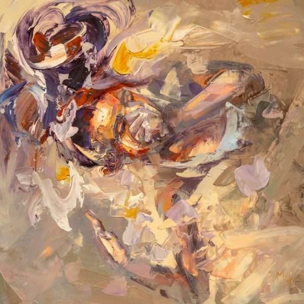 Submerged Solitudes Series 2026 No.4 is a painting by Micko which is predominantly a warm gold yellow and beige background with a female figure submersed as if she just jumped in the water, but here seen as if in the sky in zero gravity