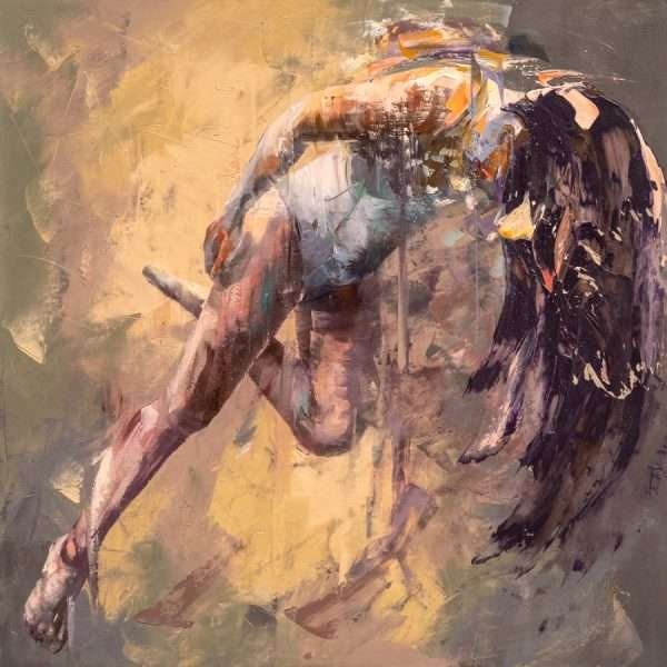 Submerged Solitudes Series 2026 No.2 is a painting by Micko which is predominantly a warm gold yellow and beige background with a female figure submersed as if she just jumped in the water, but here seen as if in the sky in zero gravity
