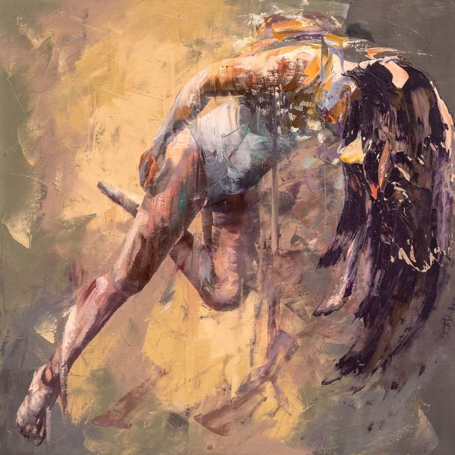 Submerged Solitudes Series 2026 No.2 is a painting by Micko which is predominantly a warm gold yellow and beige background with a female figure submersed as if she just jumped in the water, but here seen as if in the sky in zero gravity
