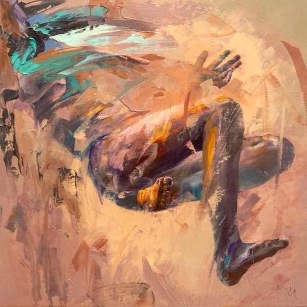 Submerged Solitudes Series 2026 No.3 is a painting by Micko which is predominantly a warm gold yellow and beige background with a female figure submersed as if she just jumped in the water, but here seen as if in the sky in zero gravity