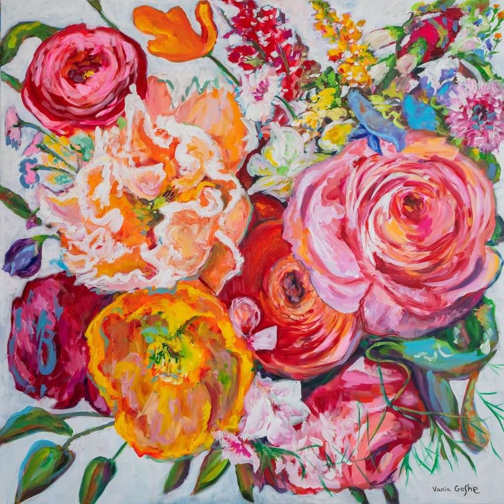 A Breath of Wild Joy by Vania Goshe is a square painting of a colourful flower arrrangement