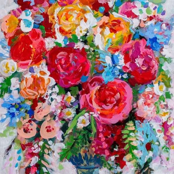 Abundance in Harmonious by Vania Goshe is a vertical painting of a colourful flower arrangement in a green vase on a blue table and set against a white background.