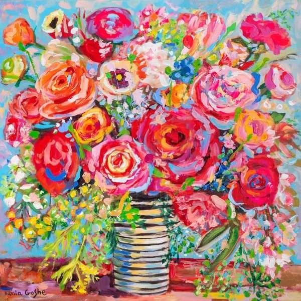 C8H11NO2 by Vania Goshe is a squared painting depicting a colourful flower arrangement.