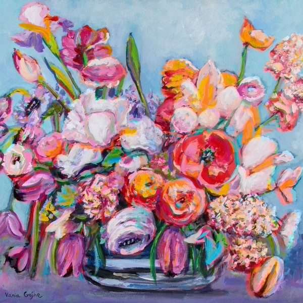 Elegance in Quiet Acceptance of Oneself by Vania Goshe is a square painting of a colourful flower arrangement set against a baby blue background.