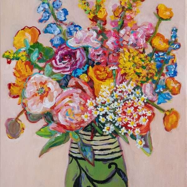 Emotional Harmony and Hopeful Devotion by Vania Goshe is a vertical painting depicting colourful flowers
