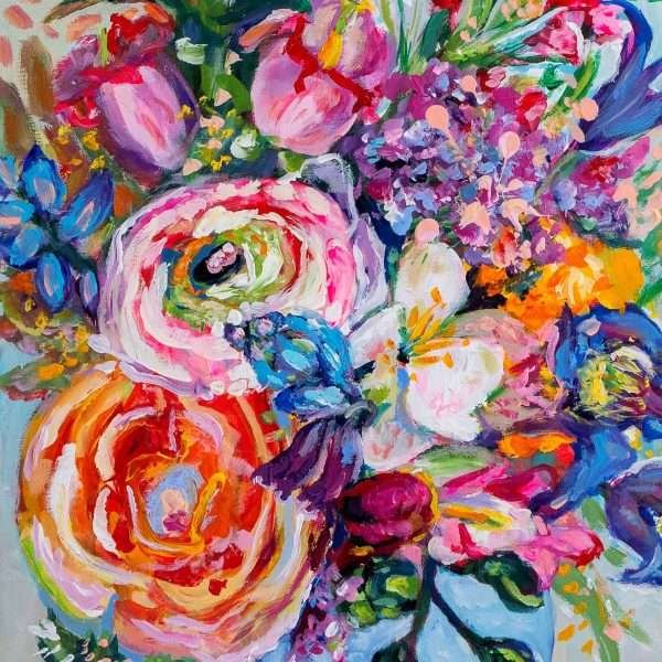 Emotional Light and Inner Balance by Vania Goshe is a vertical painting depicting a colourful flower arrangement in a blue vase
