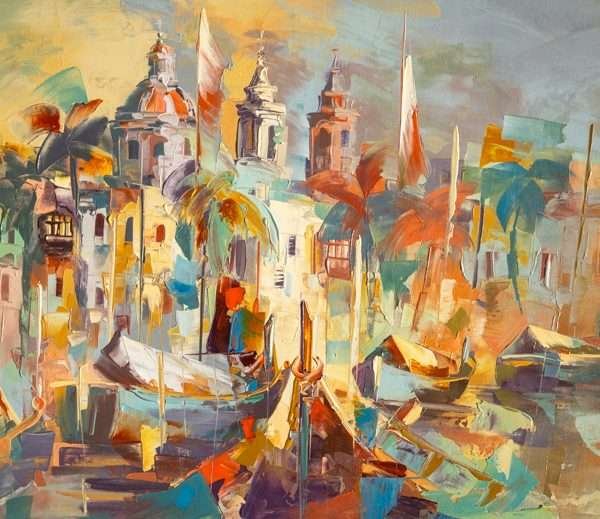 Fishing Village no. 4 2026 by Micko is a long horizontal canvas painting measuring 140cm by 80cm and it is mainly made up of colours blue/ green and yellows and oranges. There is Marsaxlokk in the background and fishing boats at sea in the foreground.