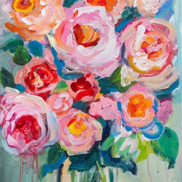 Gentle Love by Vania Goshe is a vertical painting of a pink and orange rose flower arrangement in a clear vase and set against a green background.