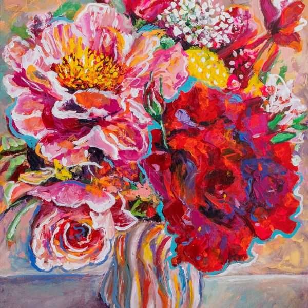 Infinitely Deep Strength by Vania Goshe is a vertical painting of a colourful floral arrangement set against a pink wall background.