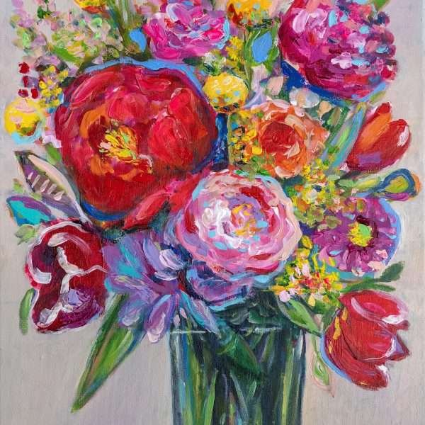 Joyful Devotion in Bloom by Vania Goshe is a vertical painting of a colourful flower arrangement set against a beige wall
