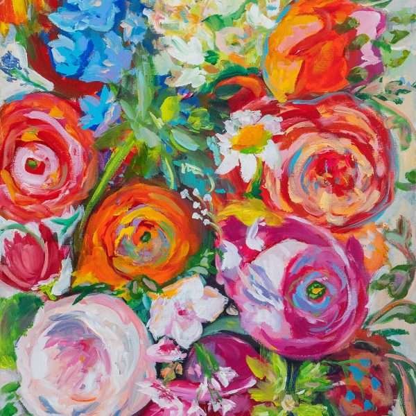 Layers of Tender Intensity by Vania Goshe is a vertical long painting depicting a colourful flower arrangement.