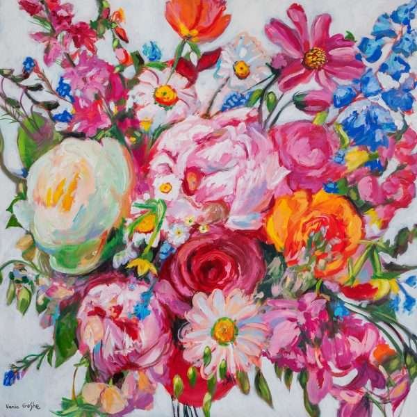 Lighthearted Vitality and Emotional Warmth by Vania Goshe is a square painting of a colourful flower arrangement set against a white background.