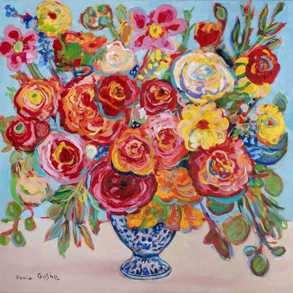 Love illuminated by Joy by Vania Goshe is a square painting depicting a colourful floral arrangement set against a baby blue wall.