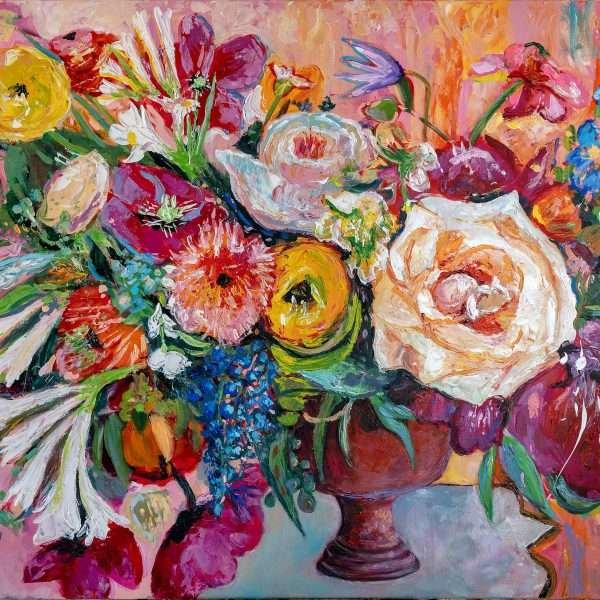Love’s Radiant Attraction by Vania Goshe is a horizontal painting depicting colourful flowers.