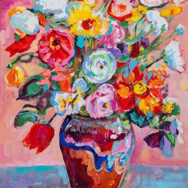 Pure Intentions by Vania Goshe is a vertical painting of a flower arrangement in a red and blue vase, on a blue table and set against a pink background.