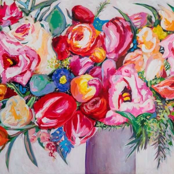 Romance in Modern Elegance by Vania Goshe is a long horizontal painting depicting a colourful flower arrangement.