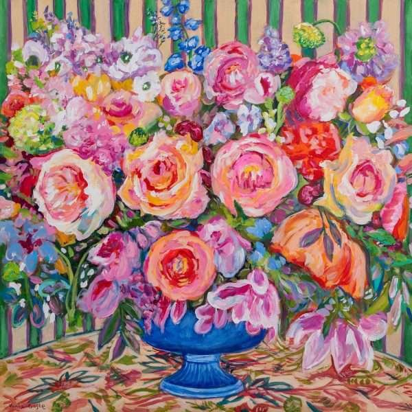 Rooted in Grace and Lifted by Light by Vania Goshe is a square painting of a colourful flower arrangement in a blue vase on a table with a green and yellow lined wallpaper in the background.