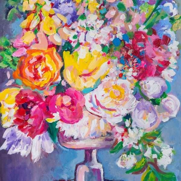 The Courage of Blooming Fully by Vania Goshe is a vertical painting of a flower arrangement in a transparent vase, and set against a blue background.