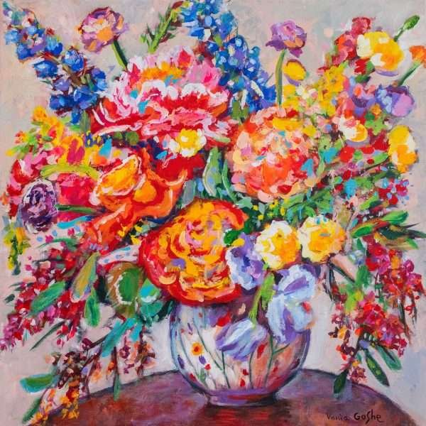 The Dance of Vivid Interplay by Vania Goshe is a squared painting depicting a colourful flower arrangement