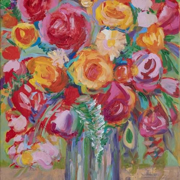 The Living Rhythm of Flowers by Vania Goshe is a vertical painting of a colourful floral arrangement.