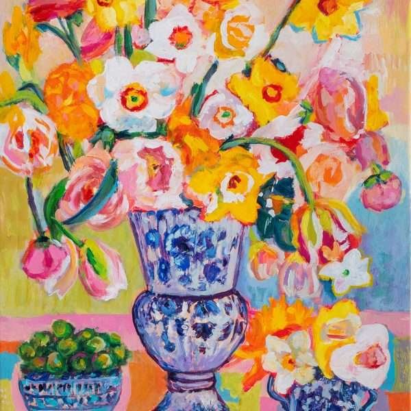 Where Light Awakens the Soul by Vania Goshe is a vertical painting of a colourful flower arrangement in a blue and white porcelain vase set against a yellow background.